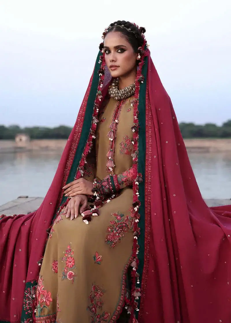 3 Piece Unstitched Heavy Embroidered Dhanak Suit with Four-sided Embroidered Dhanak Wool Shawl