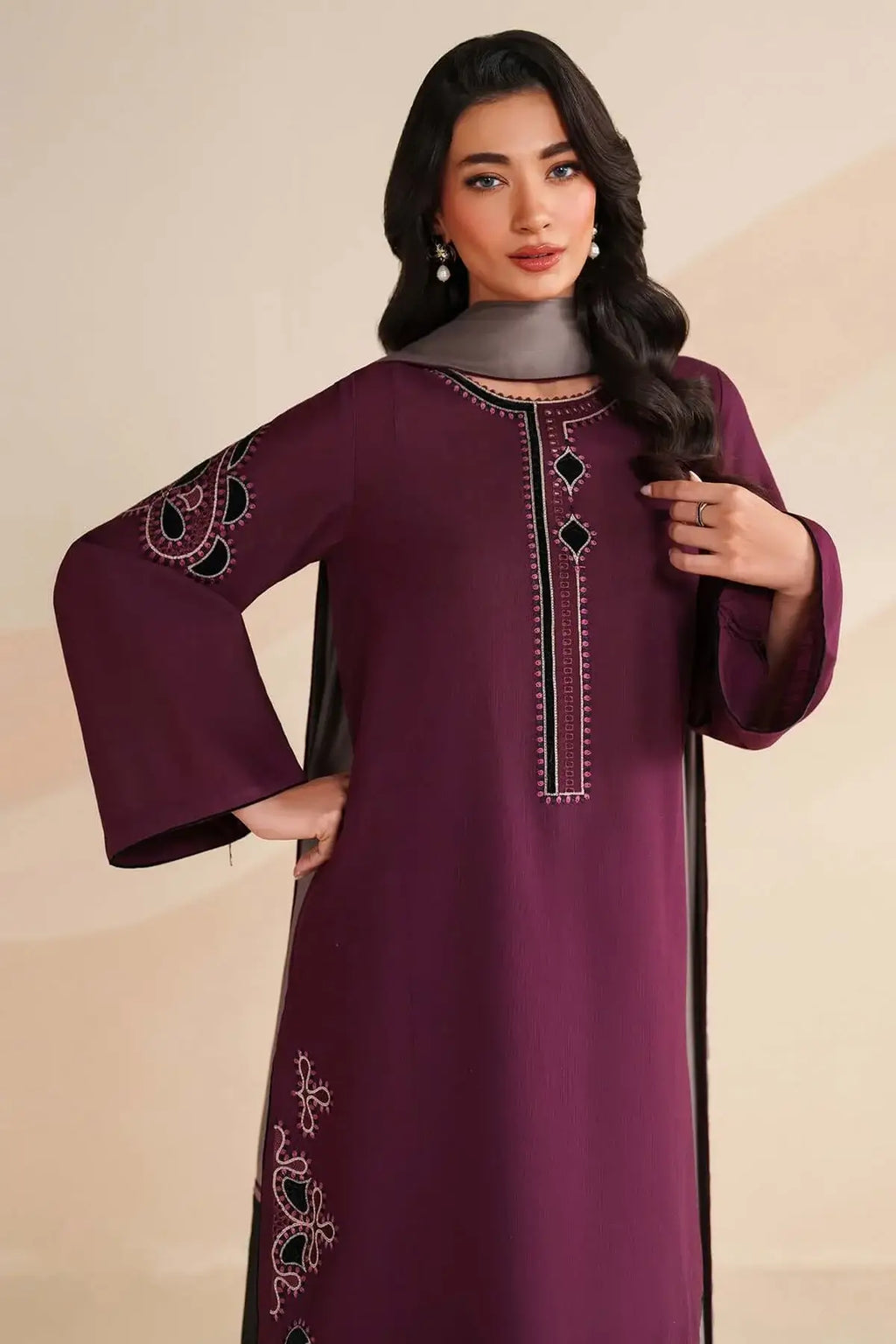 3 Piece Unstitched Heavy Embroidered Dhanak Suit with Heavy Embroidered Dhanak Wool Shawl