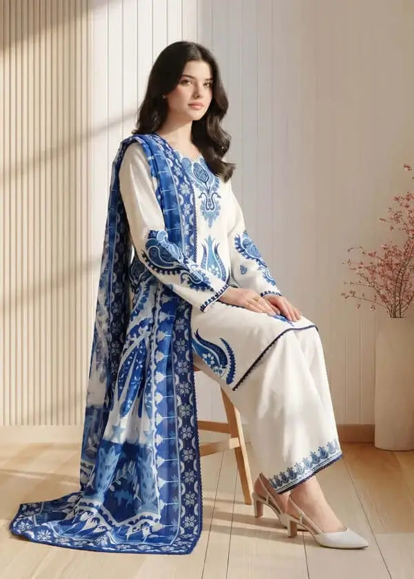 3 Piece Unstitched Heavy Embroidered Dhanak Suit with Printed Woolen Shawl