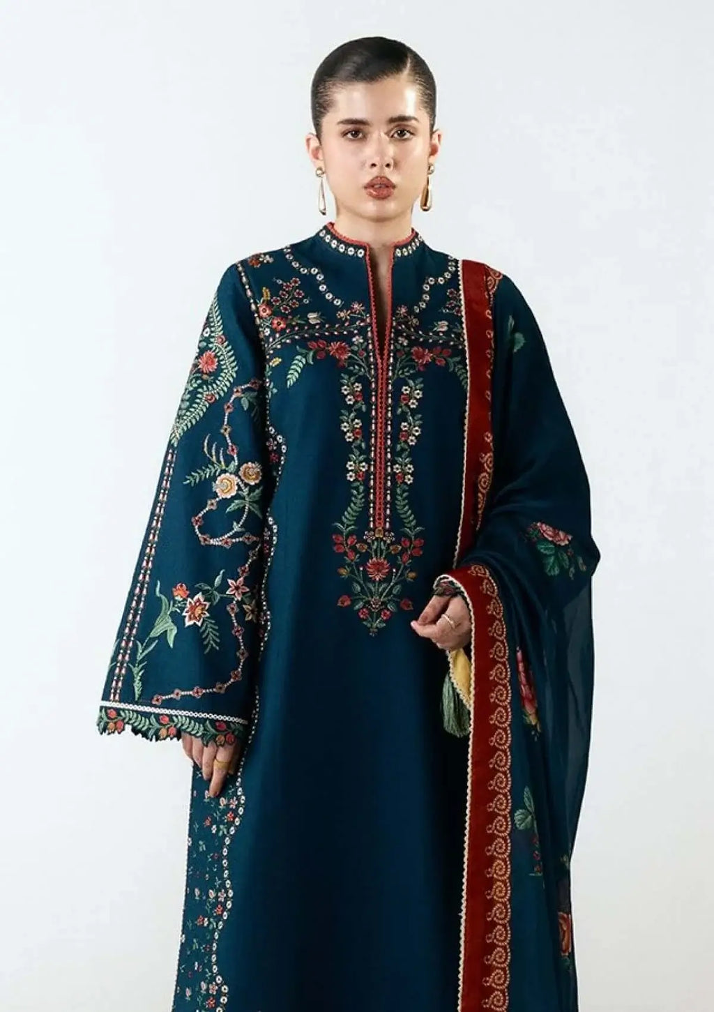3 Piece Unstitched Heavy Embroidered Dhanak Suit with Printed Woolen Shawl