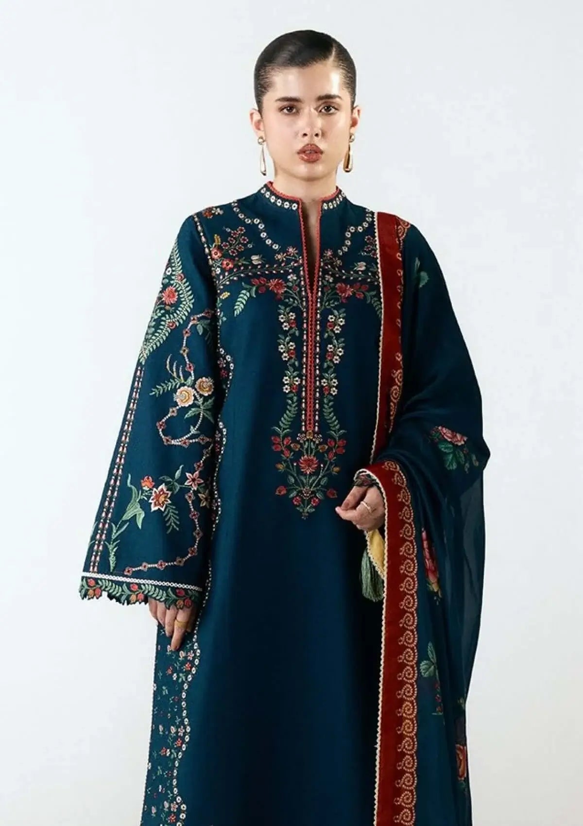 3 Piece Unstitched Heavy Embroidered Dhanak Suit with Printed Woolen Shawl