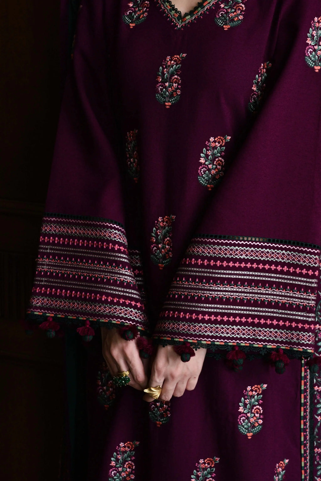 3 Piece Unstitched Heavy Embroidered Dhanak Suit with Four-sided Embroidered Dhanak Wool Shawl
