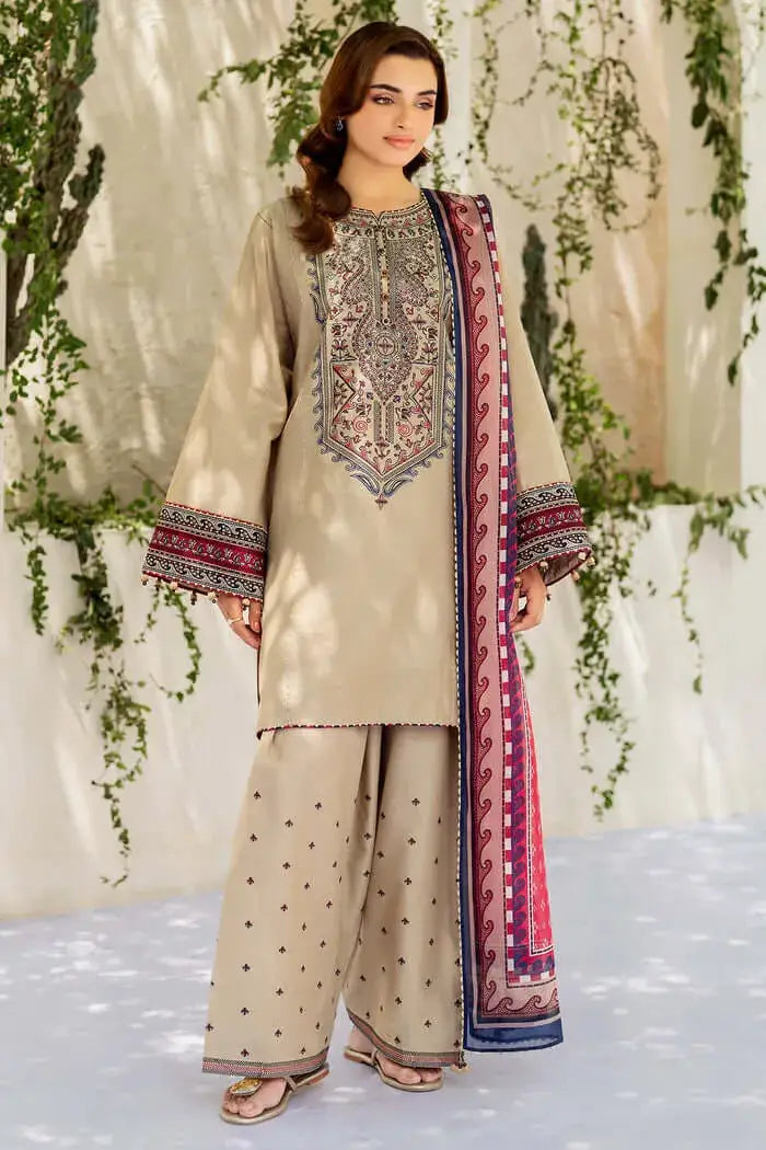 3 Piece Unstitched Heavy Embroidered Dhanak Suit with Printed Woolen Shawl