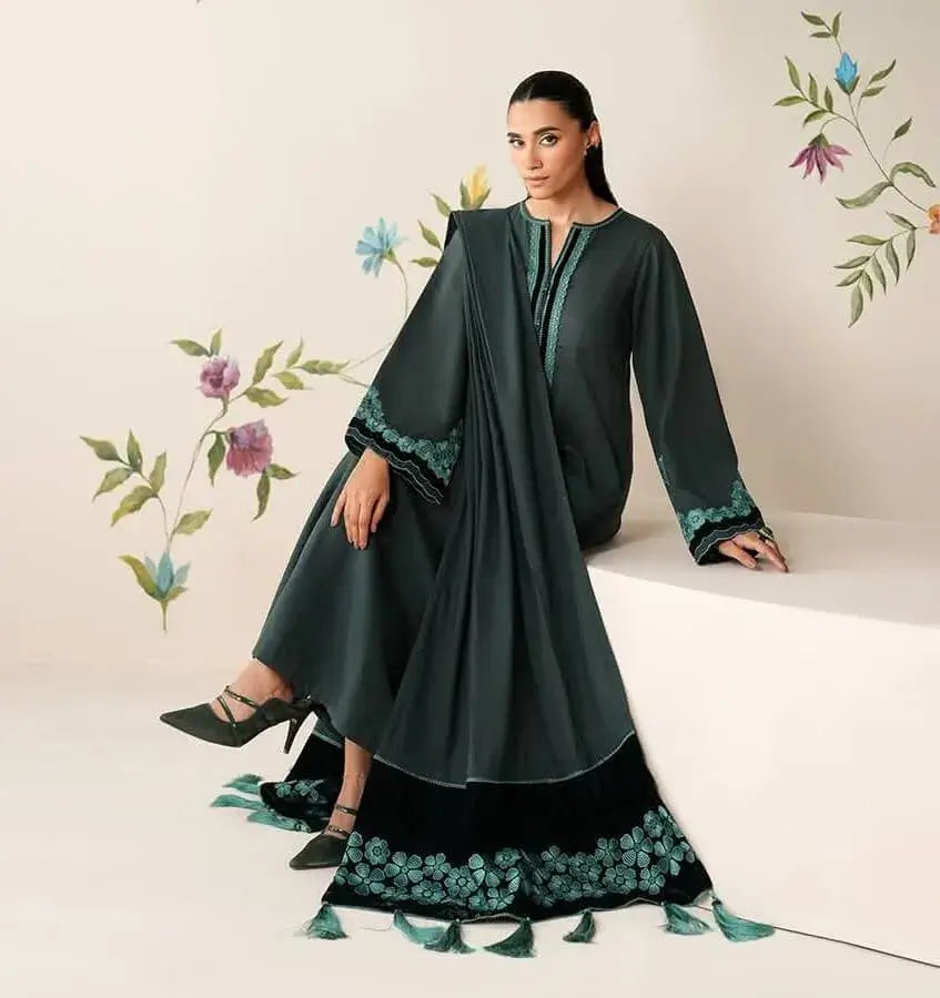 3 Piece Unstitched Heavy Embroidered Dhanak Suit with Heavy Embroidered Dhanak Shawl