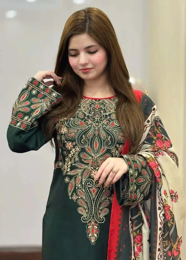 3 Piece Unstitched Heavy Embroidered Dhanak Suit with Printed Woolen Shawl