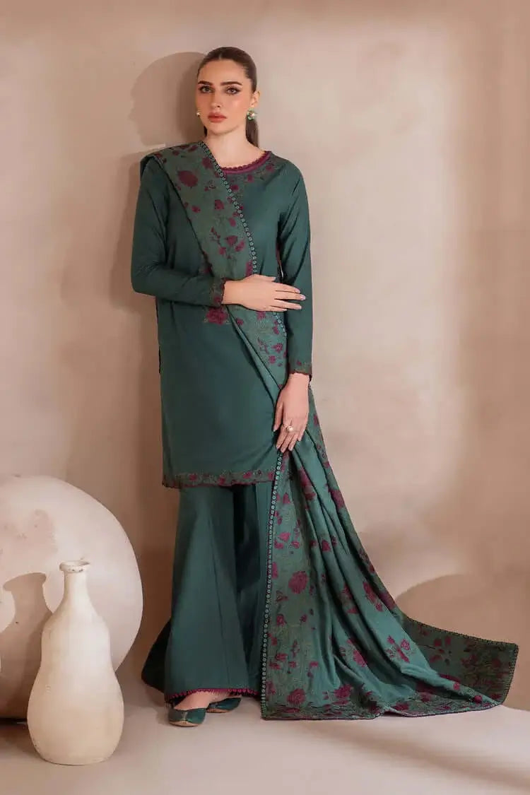 3 Piece Unstitched Heavy Embroidered Dhanak Suit with Heavy Embroidered Dhanak Wool Shawl