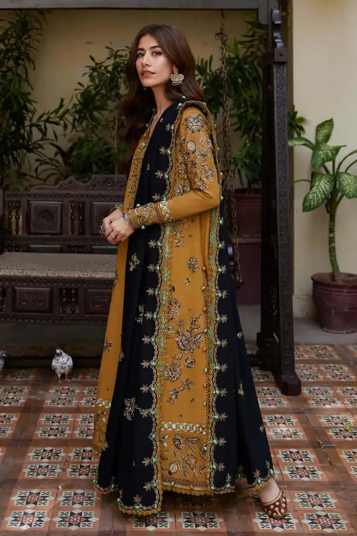 3 Piece Unstitched Heavy Embroidered Dhanak Suit with Four-sided Embroidered Dhanak Wool Shawl