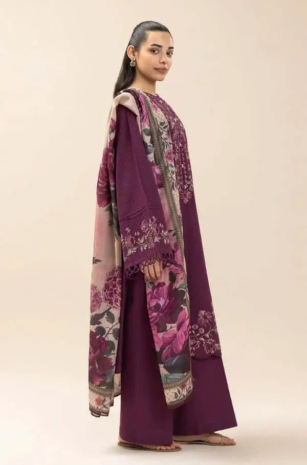 3 Piece Unstitched Heavy Embroidered Dhanak Suit with Printed Woolen Shawl