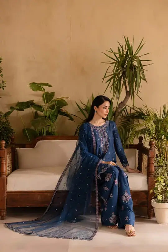 3 Piece Unstitched Heavy Embroidered Dhanak Suit with Four-sided Embroidered Chiffon Dupatta