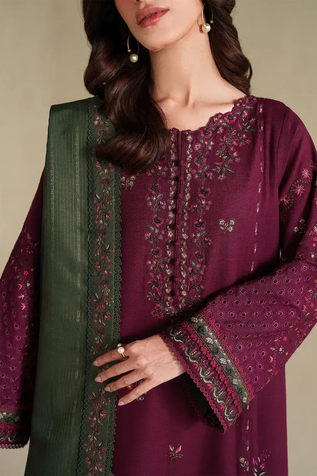 3 Piece Unstitched Heavy Embroidered Dhanak Suit with Four-sided Embroidered Dhanak Wool Shawl