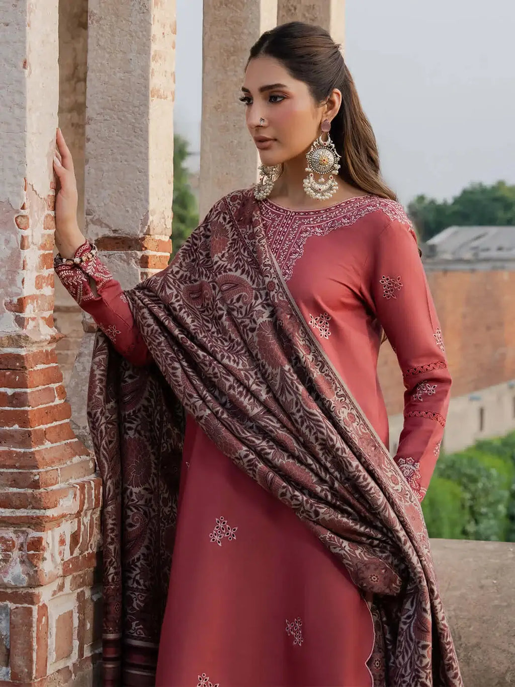 3 Piece Unstitched Heavy Embroidered Dhanak Suit with Printed Woolen Shawl