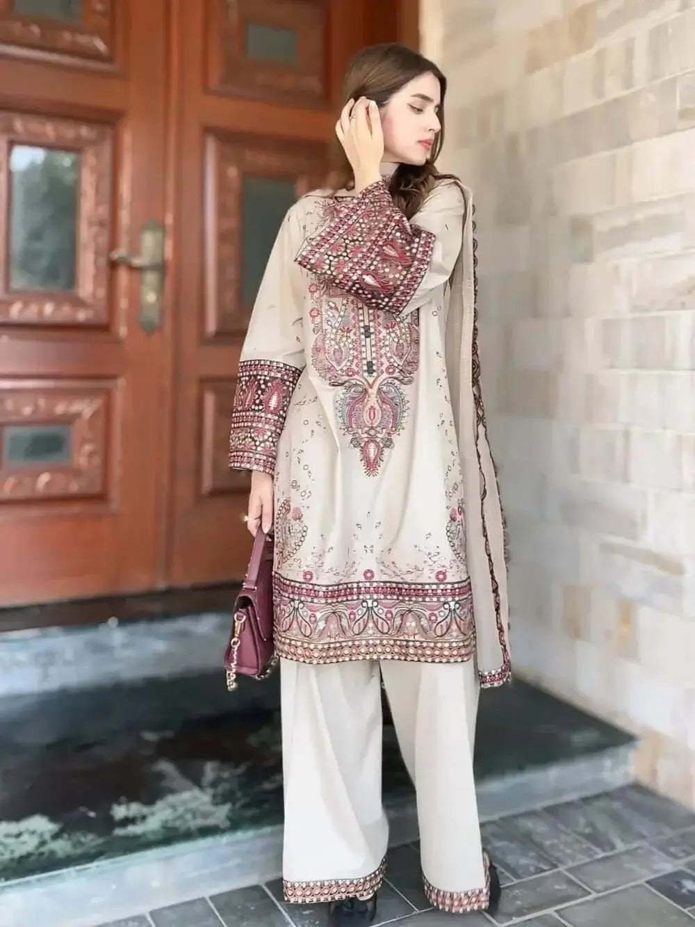 3 Piece Unstitched Heavy Embroidered Dhanak Suit with Four-sided Embroidered Dhanak Wool Shawl
