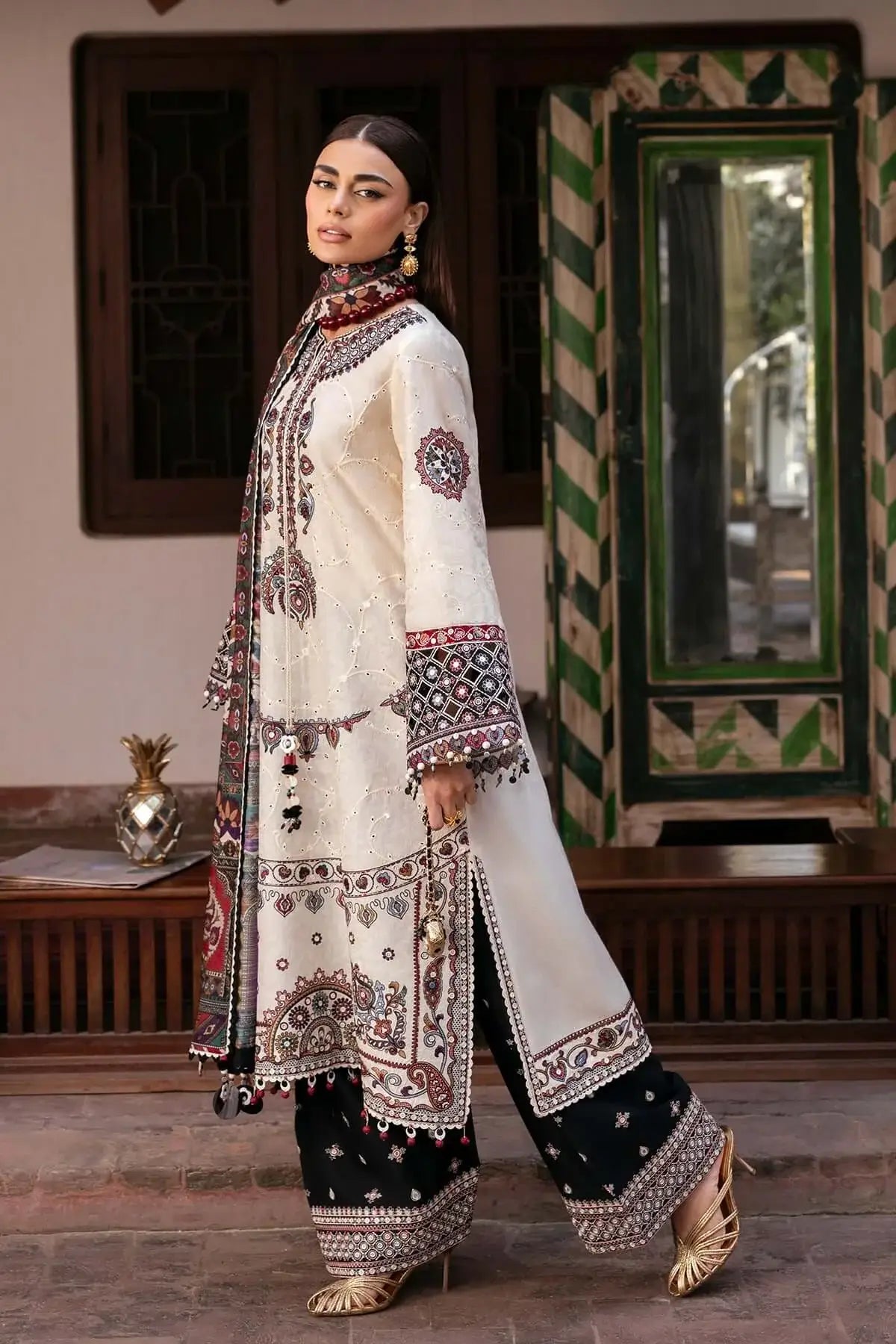 3 Piece Unstitched Heavy Embroidered Dhanak Suit with Printed Woolen Shawl