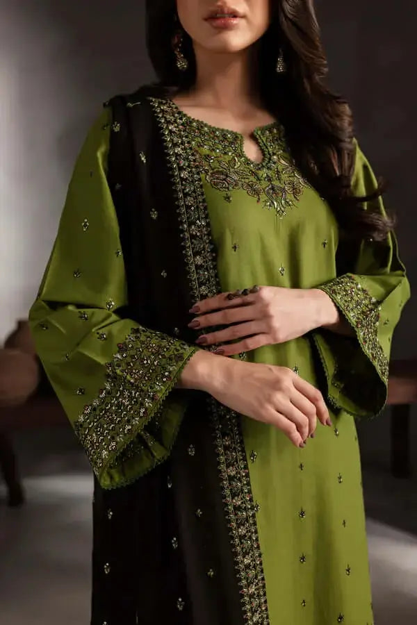 3 Piece Unstitched Heavy Embroidered Dhanak Suit with Four-sided Embroidered Dhanak Wool Shawl