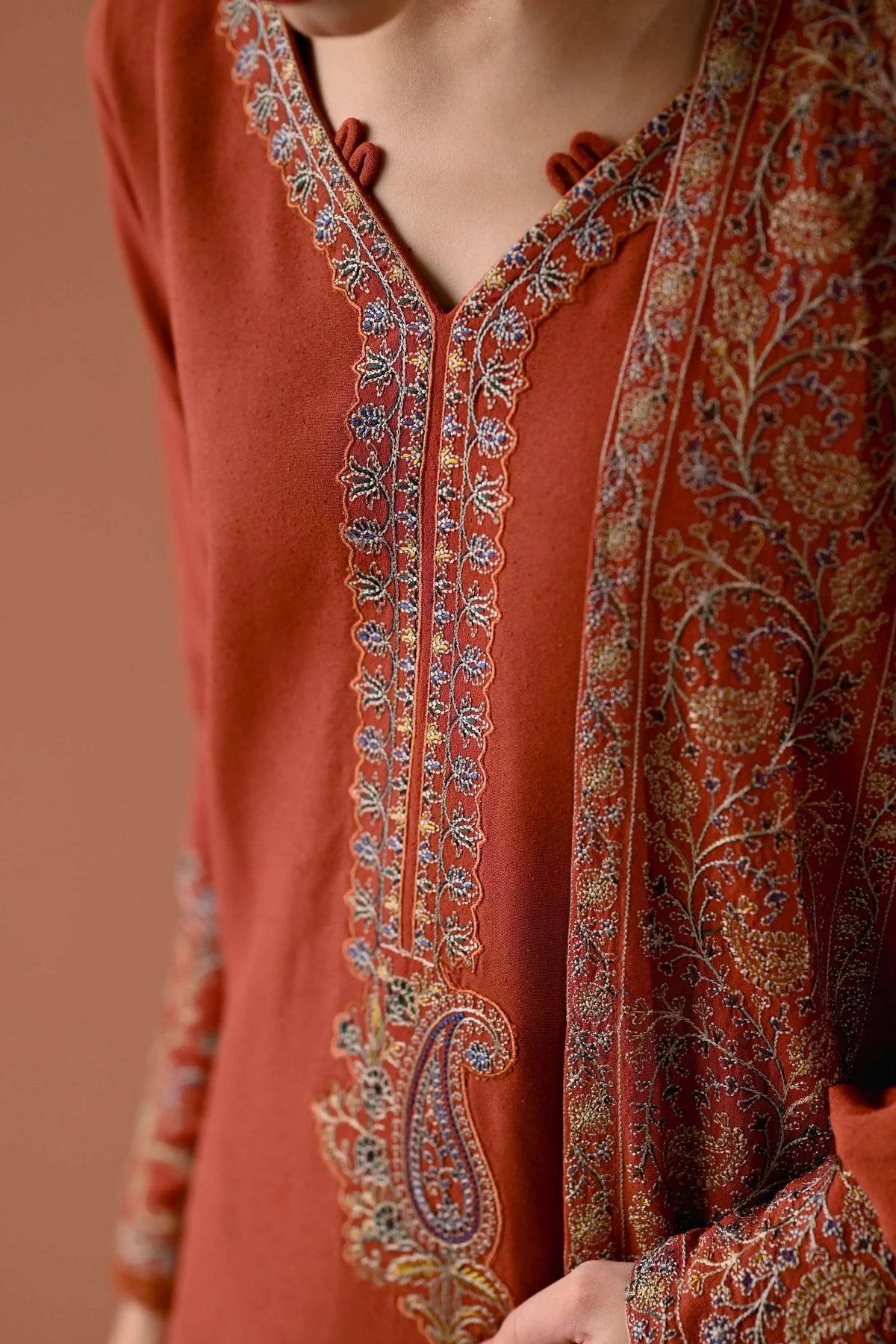 3 Piece Unstitched Heavy Embroidered Dhanak Suit with Four-sided Embroidered Dhanak Wool Shawl