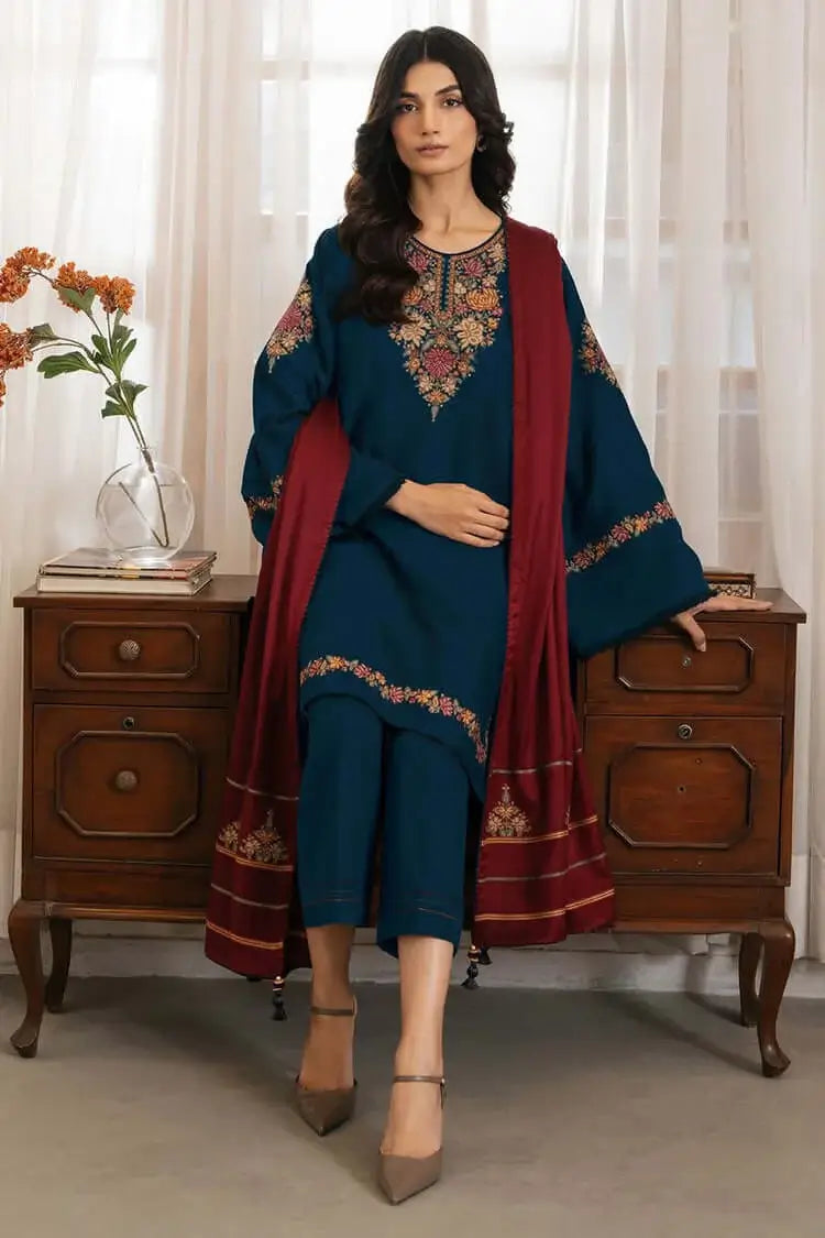 3 Piece Unstitched Heavy Embroidered Dhanak Suit with Heavy Embroidered Dhanak Wool Shawl