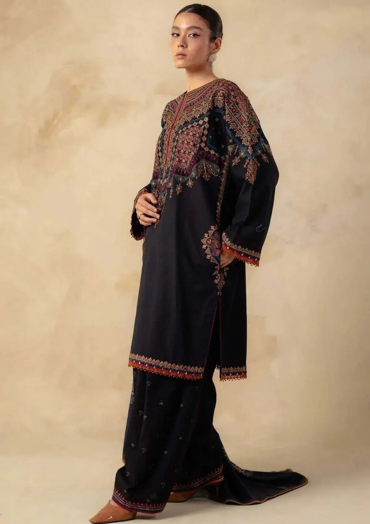 3 Piece Unstitched Heavy Embroidered Dhanak Suit with Printed Woolen Shawl