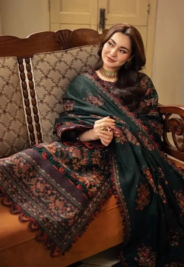 3 Piece Unstitched Heavy Embroidered Dhanak Suit with Four-sided Embroidered Dhanak Wool Shawl