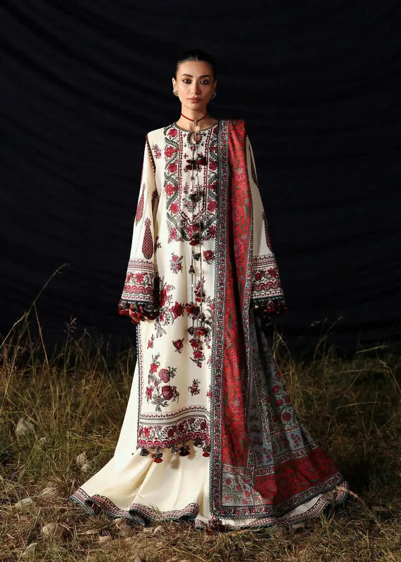 3 Piece Unstitched Heavy Embroidered Dhanak Suit with Printed Woolen Shawl