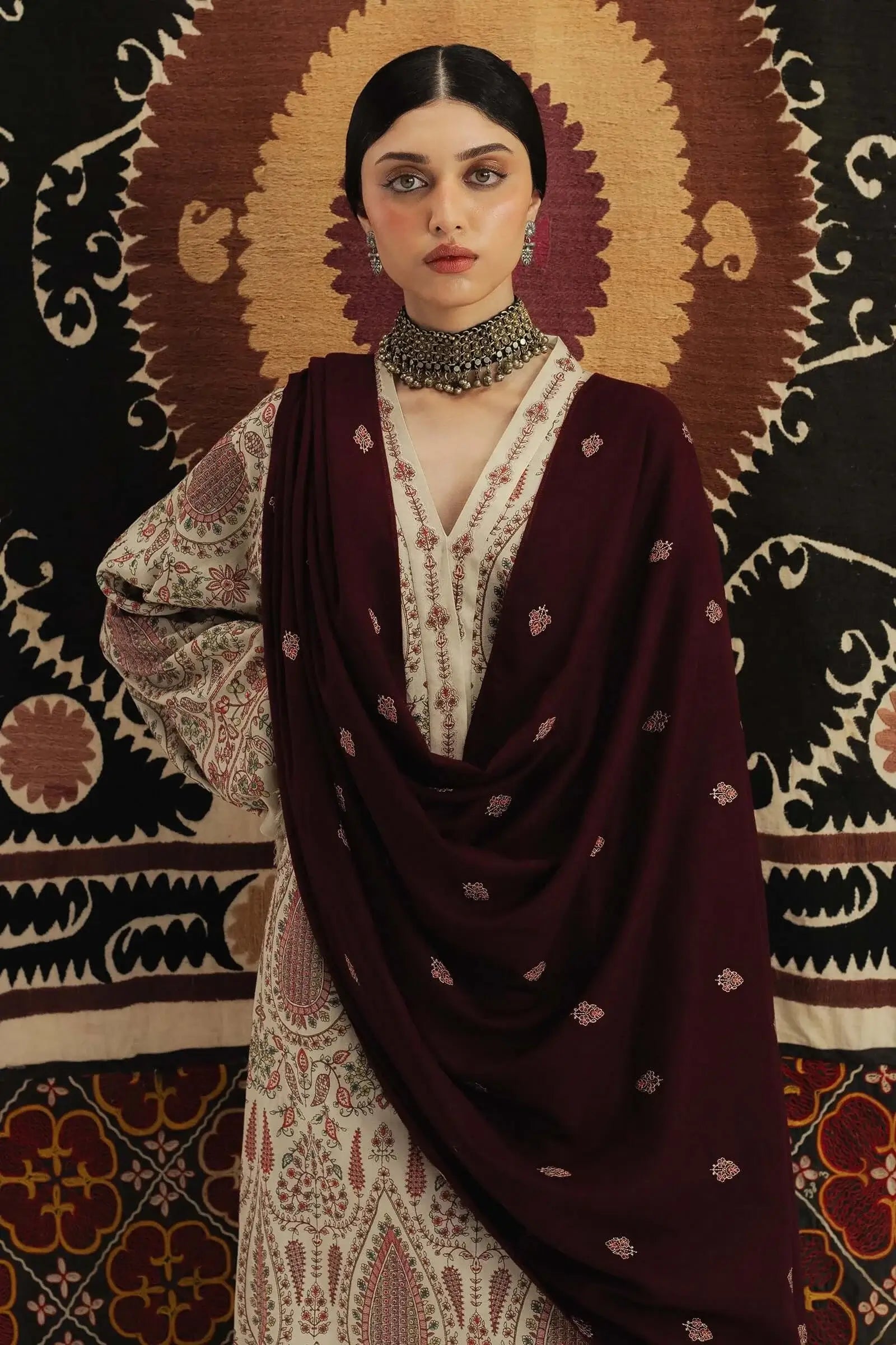 3 Piece Unstitched Heavy Embroidered Dhanak Suit with Heavy Embroidered Dhanak Wool Shawl