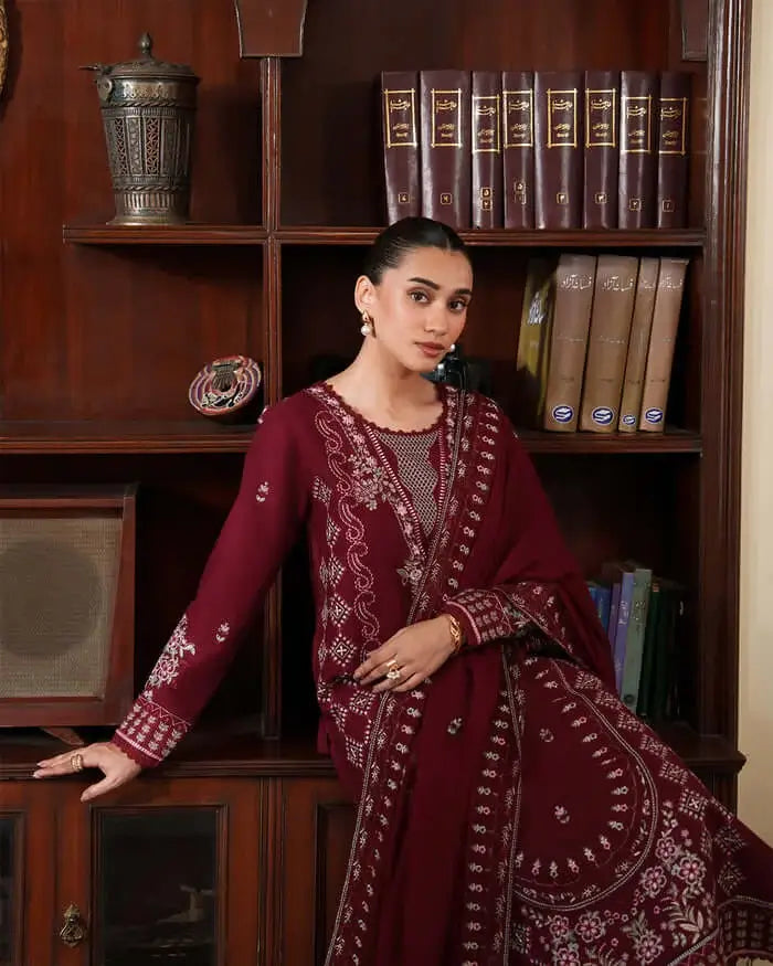 3 Piece Unstitched Heavy Embroidered Dhanak Suit with Four-sided Embroidered Dhanak Wool Shawl