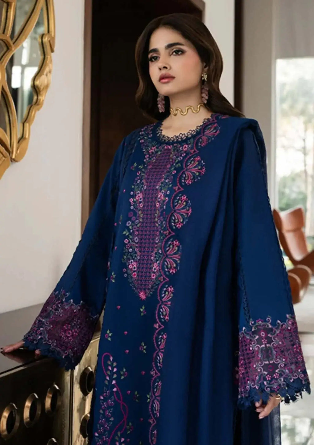 3 Piece Unstitched Heavy Embroidered Dhanak Suit with Four-sided Embroidered Dhanak Wool Shawl