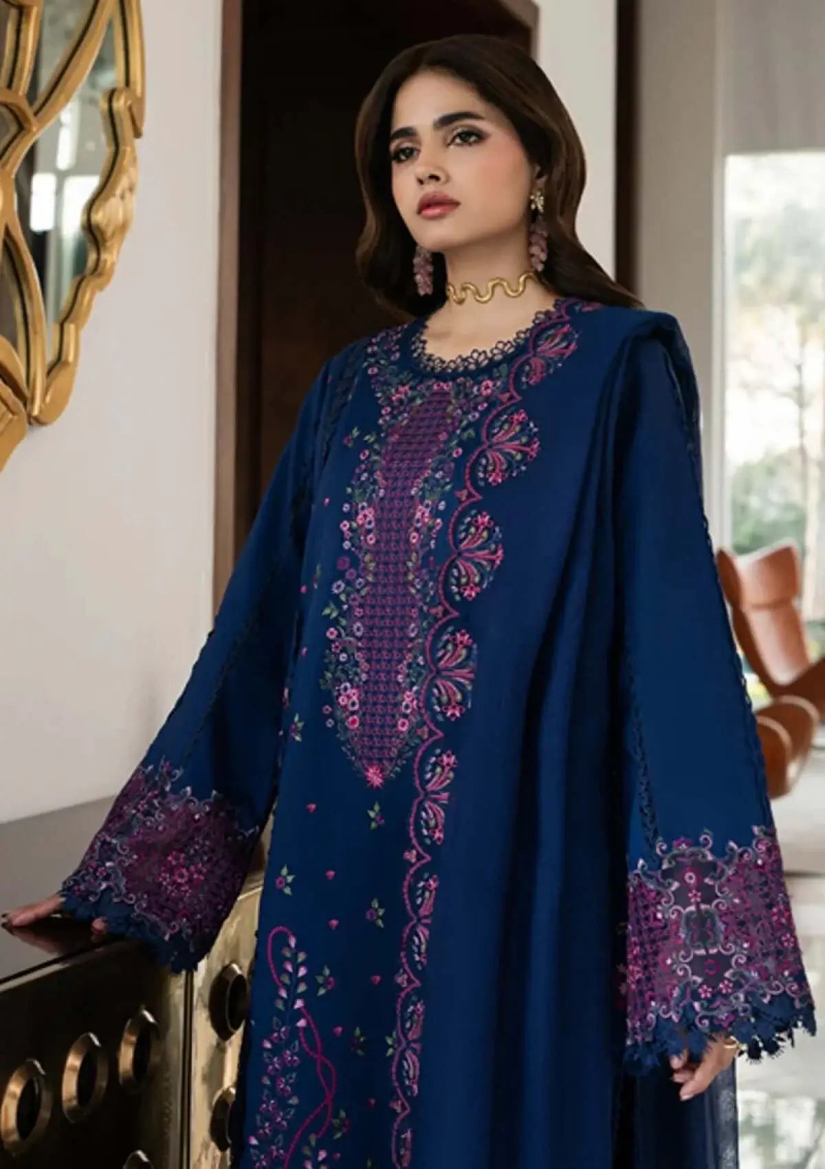 3 Piece Unstitched Heavy Embroidered Dhanak Suit with Four-sided Embroidered Dhanak Wool Shawl