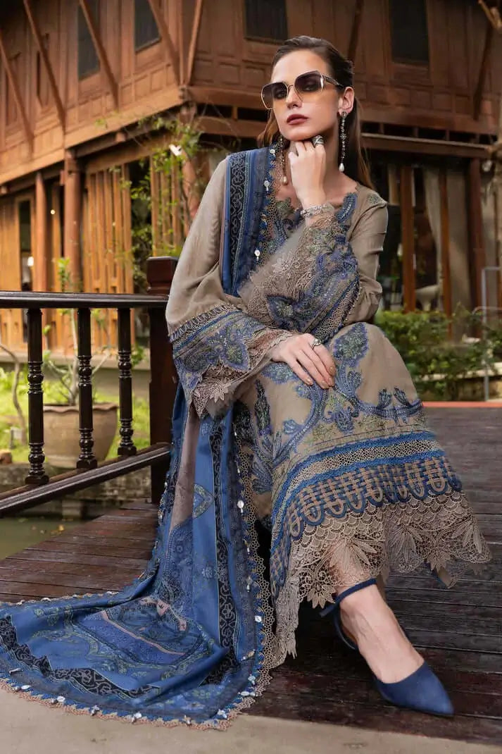 3 Piece Unstitched Heavy Embroidered Dhanak Suit with Printed Woolen Shawl