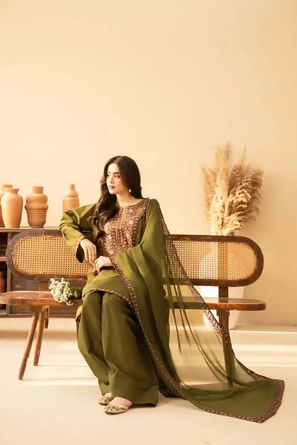 3 Piece Unstitched Heavy Embroidered Dhanak Suit with Heavy Embroidered Dhanak Wool Shawl
