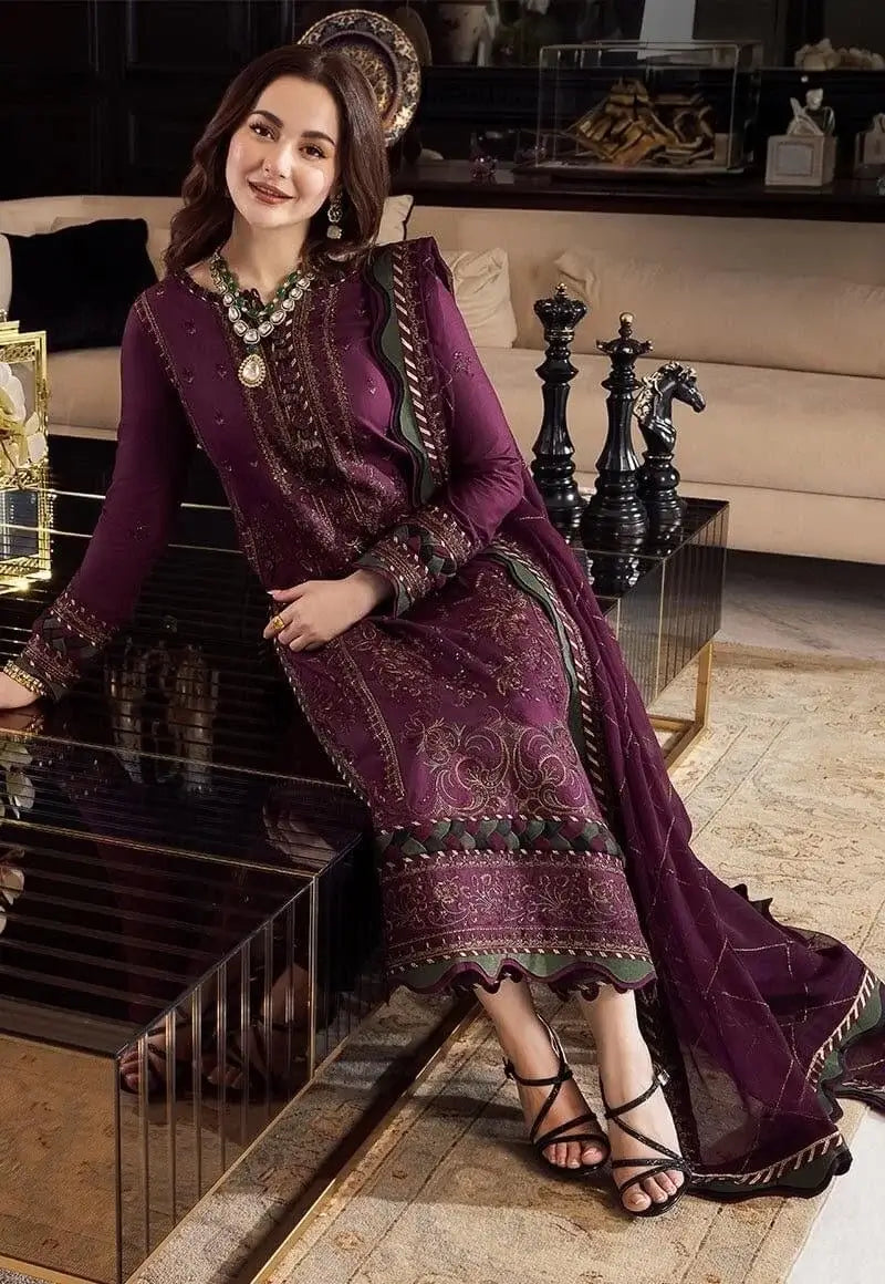 3 Piece Unstitched Heavy Embroidered Dhanak Suit with Four-sided Embroidered Chiffon Dupatta