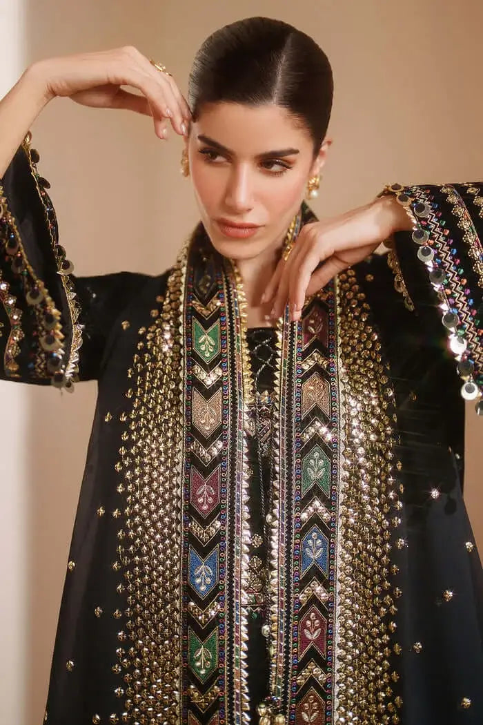 3 Piece Unstitched Heavy Embroidered Velvet Suit with Ready To Wear Four-sided Embroidered Chiffon Dupatta