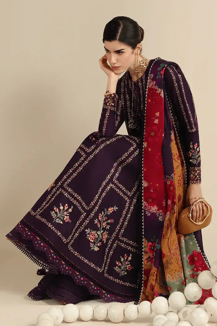 3 Piece Unstitched Heavy Embroidered Dhanak Suit with Printed Woolen Shawl