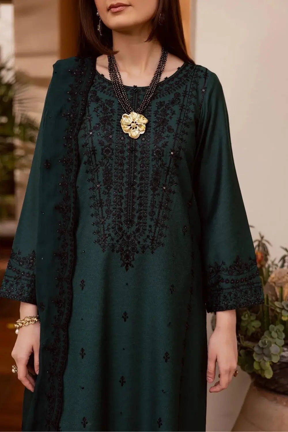 3 Piece Unstitched Heavy Embroidered Dhanak Suit with Four-sided Embroidered Dhanak Wool Shawl