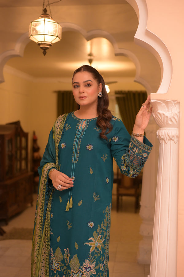 3 Piece Unstitched Heavy Embroidered Dhanak Suit with Printed Woolen Shawl