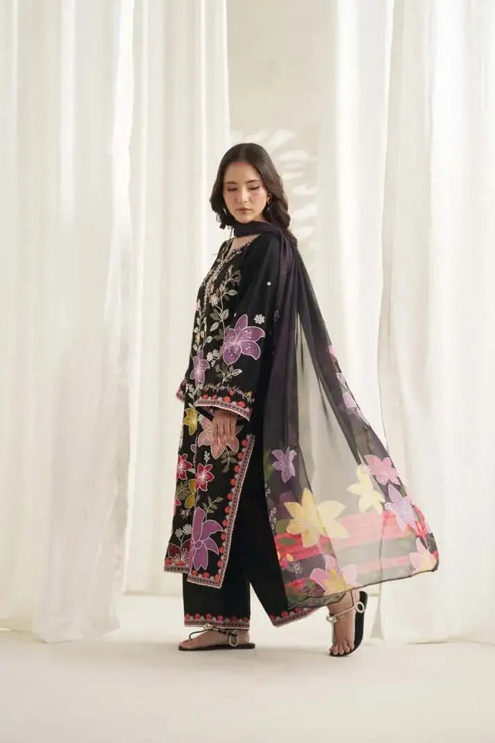3 Piece Unstitched Heavy Embroidered Dhanak Suit with Printed Woolen Shawl