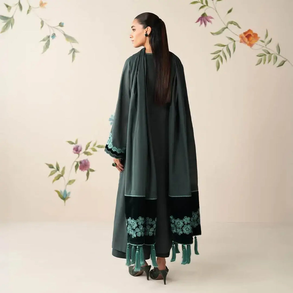 3 Piece Unstitched Heavy Embroidered Dhanak Suit with Heavy Embroidered Dhanak Shawl