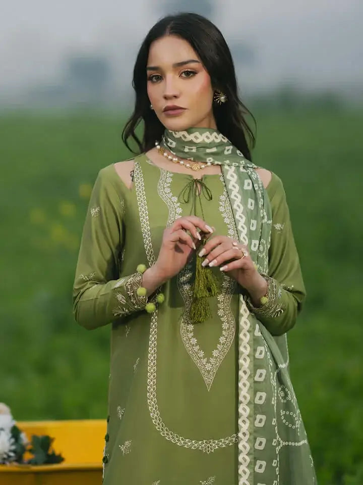 3 Piece Unstitched Heavy Embroidered Dhanak Suit with Printed Woolen Shawl