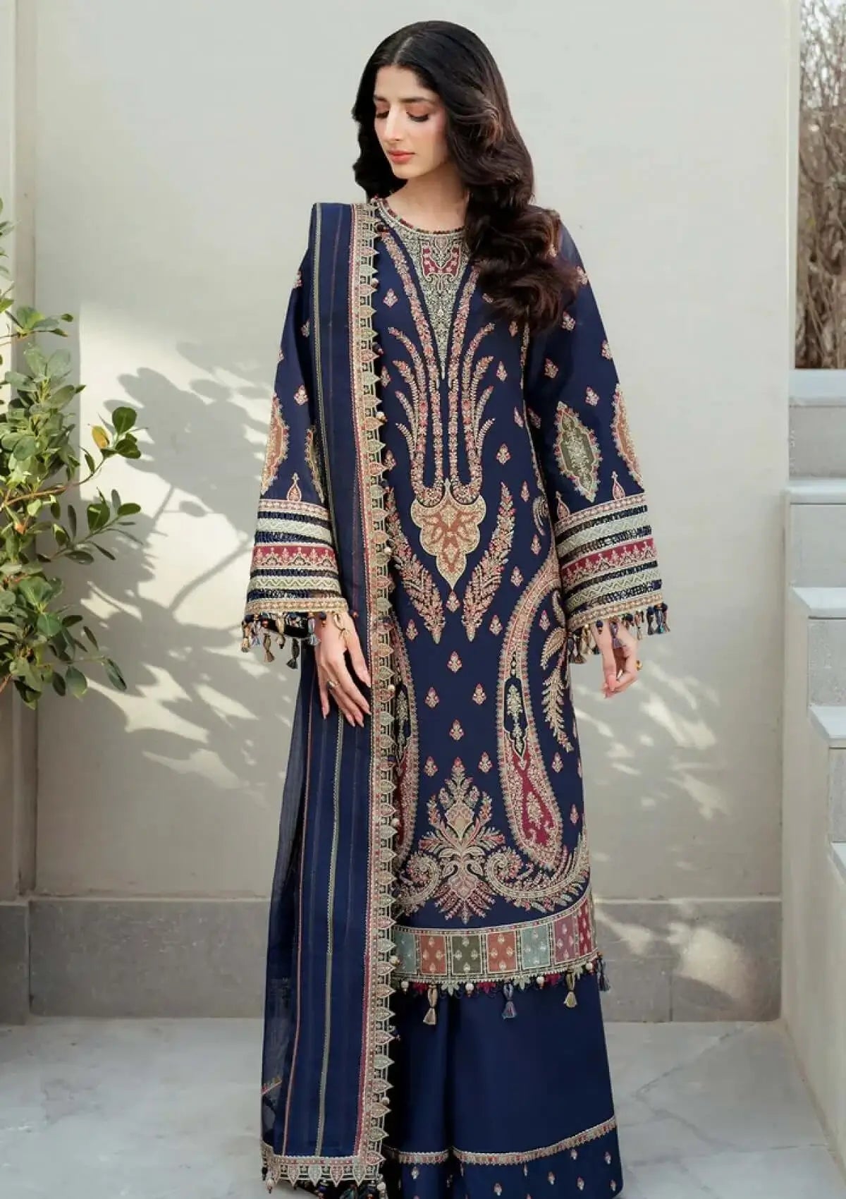 3 Piece Unstitched Heavy Embroidered Dhanak Suit with Four-sided Embroidered Chiffon Dupatta