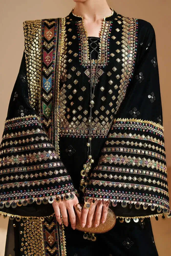 3 Piece Unstitched Heavy Embroidered Velvet Suit with Ready To Wear Four-sided Embroidered Chiffon Dupatta