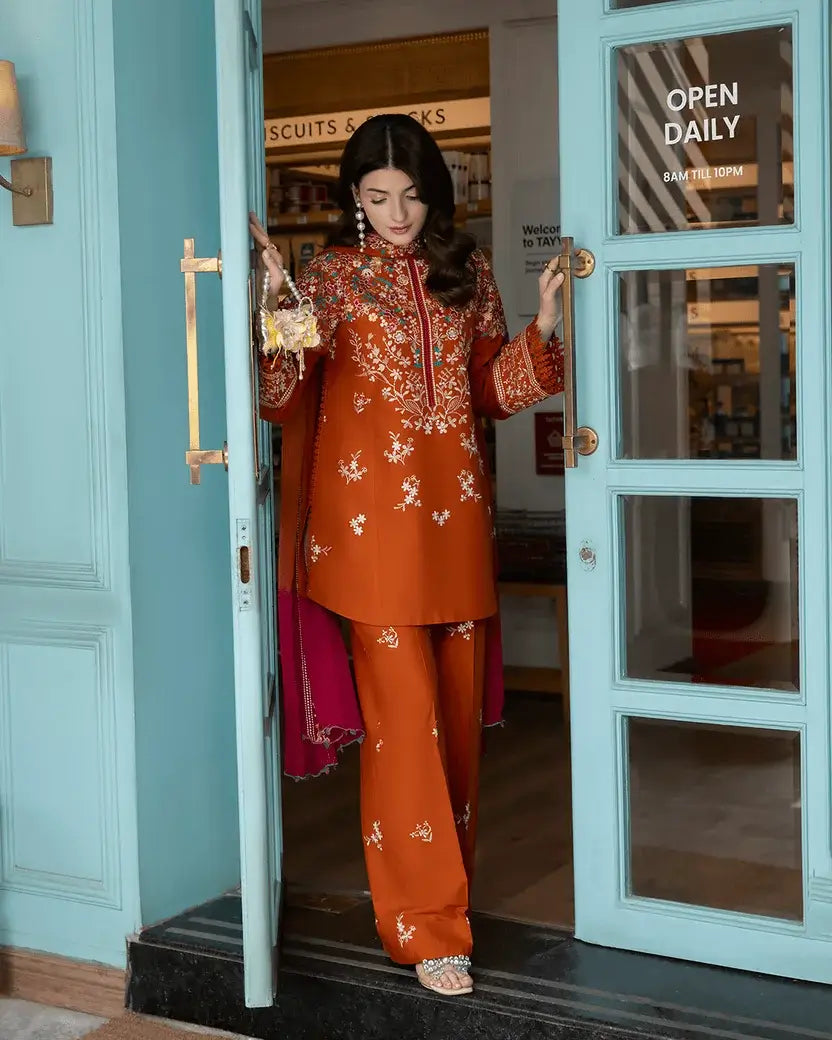 3 Piece Unstitched Heavy Embroidered Dhanak Suit with Heavy Embroidered Dhanak Shawl