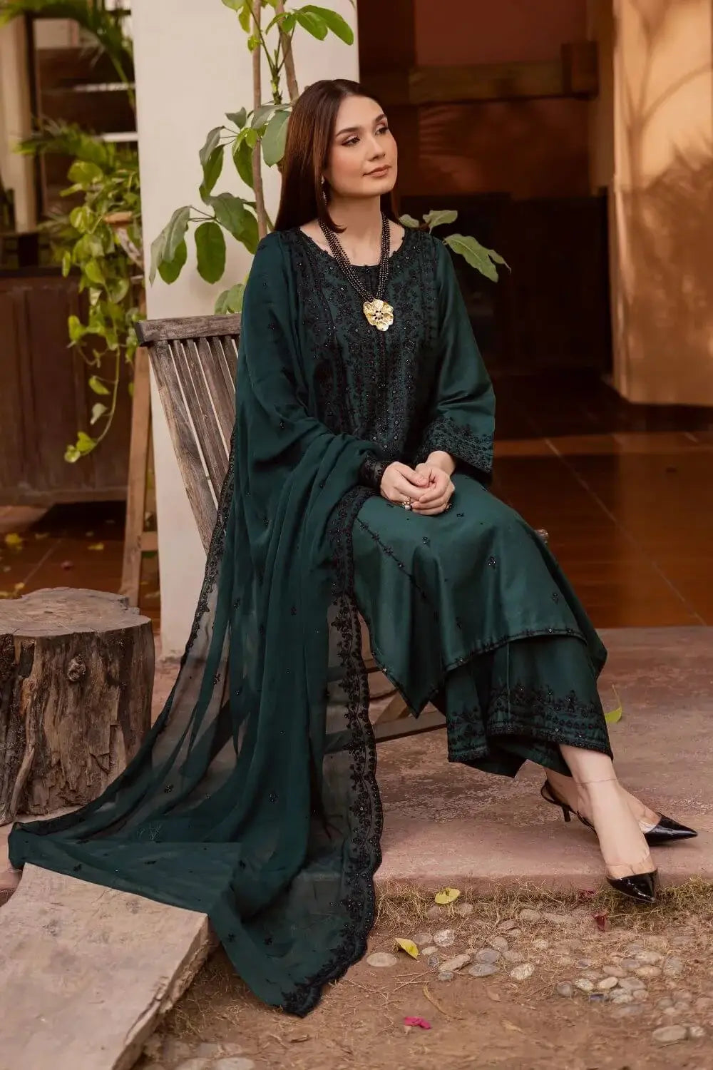 3 Piece Unstitched Heavy Embroidered Dhanak Suit with Four-sided Embroidered Dhanak Wool Shawl