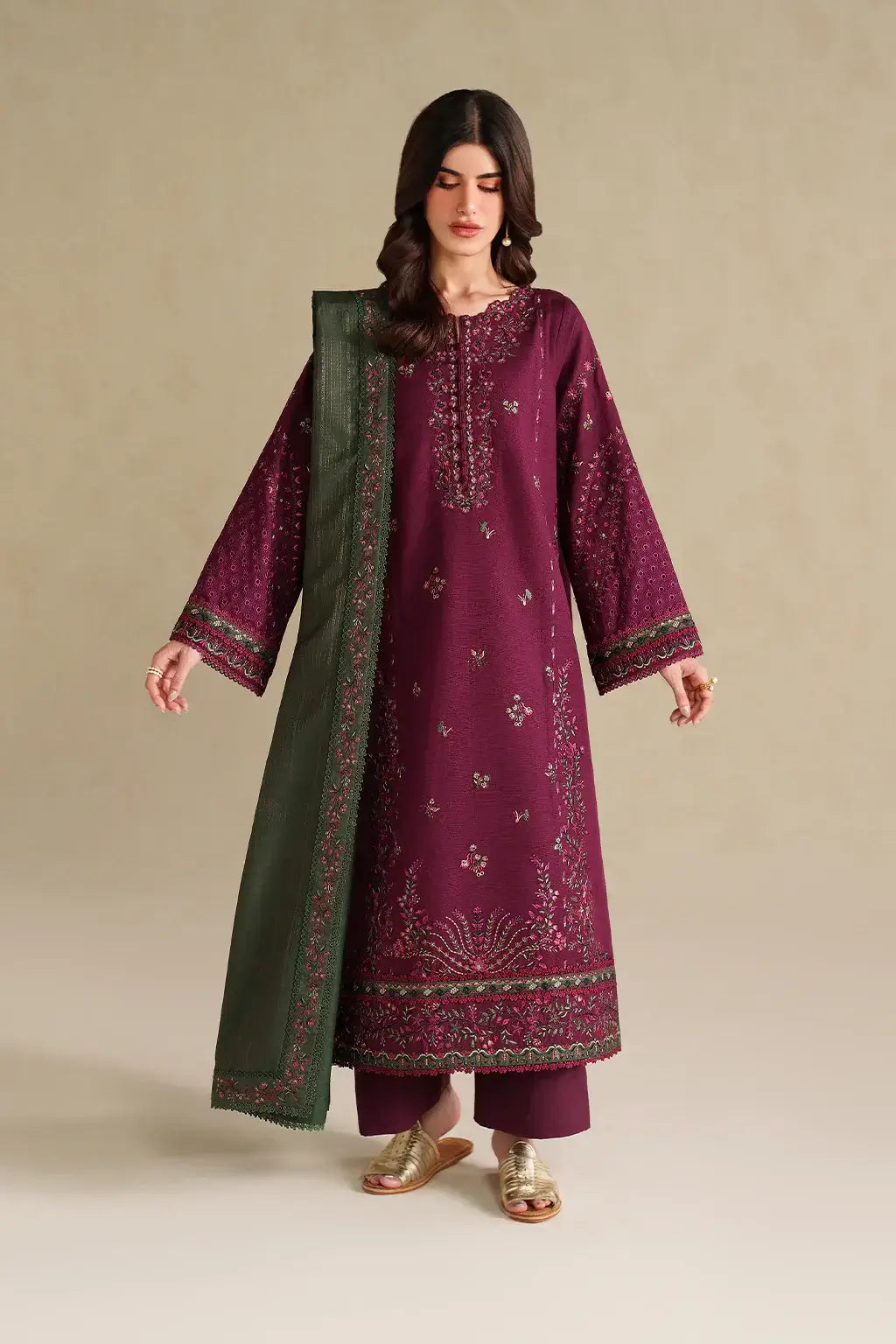 3 Piece Unstitched Heavy Embroidered Dhanak Suit with Four-sided Embroidered Dhanak Wool Shawl