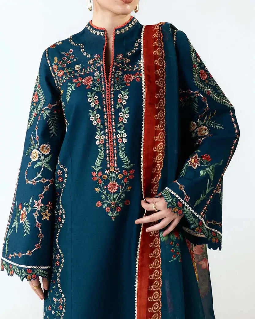 3 Piece Unstitched Heavy Embroidered Dhanak Suit with Printed Woolen Shawl