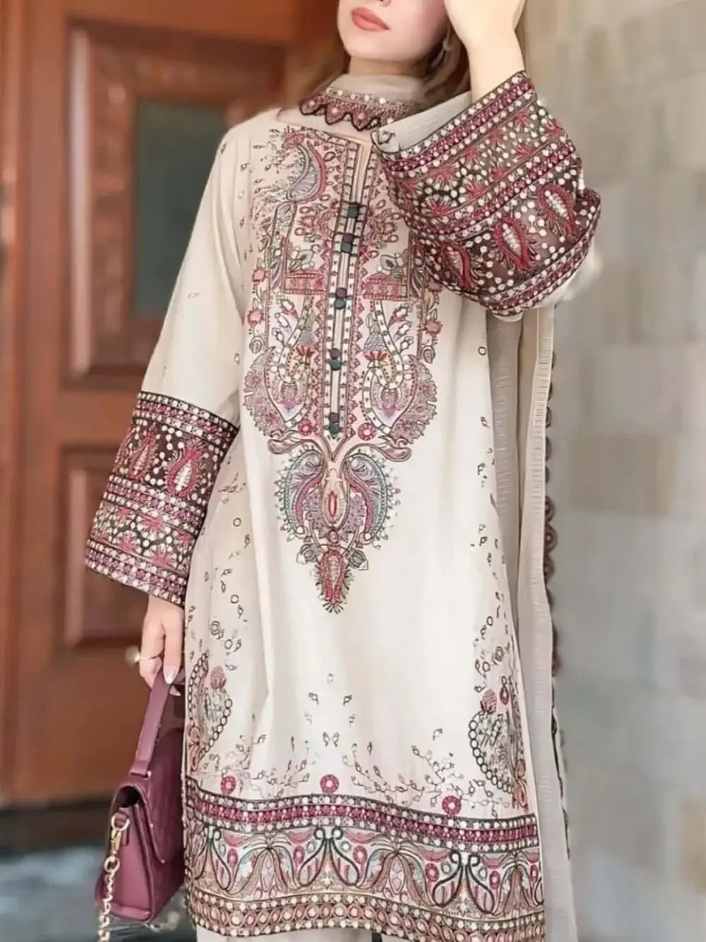 3 Piece Unstitched Heavy Embroidered Dhanak Suit with Four-sided Embroidered Dhanak Wool Shawl
