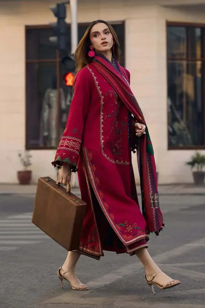 3 Piece Unstitched Heavy Embroidered Dhanak Suit with Printed Woolen Shawl