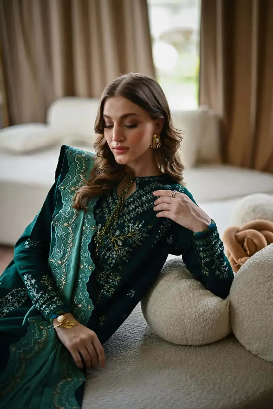 3 Piece Unstitched Heavy Embroidered Dhanak Suit with Four-sided Embroidered Dhanak Wool Shawl