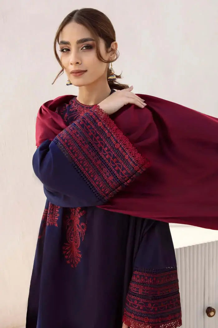 3 Piece Unstitched Heavy Embroidered Dhanak Suit with Plain Dyed Dhanak Wool Shawl