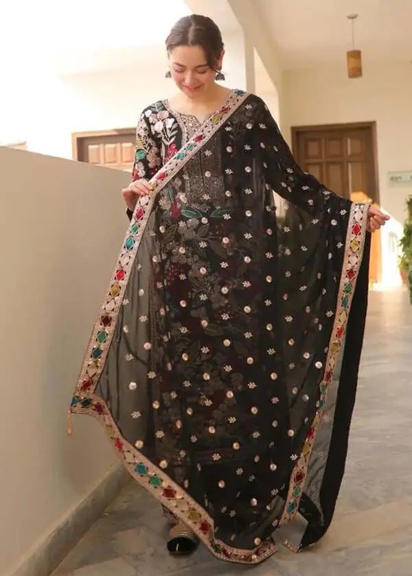3 Piece Unstitched Heavy Embroidered Dhanak Suit with Four-sided Embroidered Chiffon Dupatta