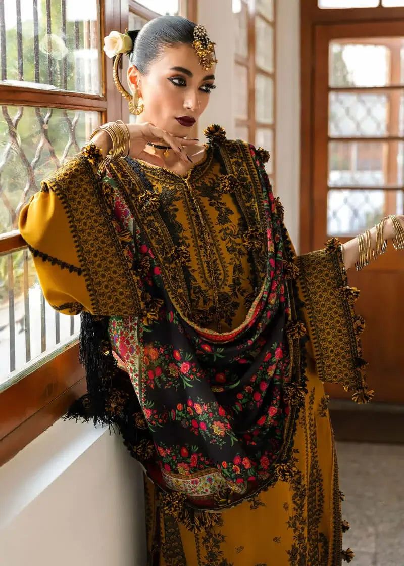 3 Piece Unstitched Heavy Embroidered Dhanak Suit with Printed Woolen Shawl