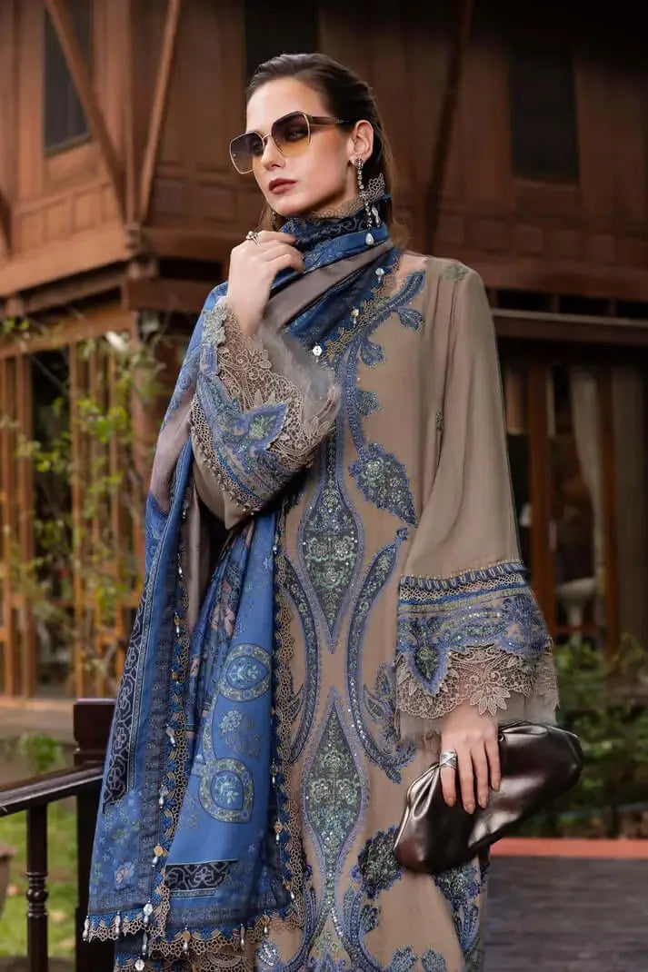 3 Piece Unstitched Heavy Embroidered Dhanak Suit with Printed Woolen Shawl